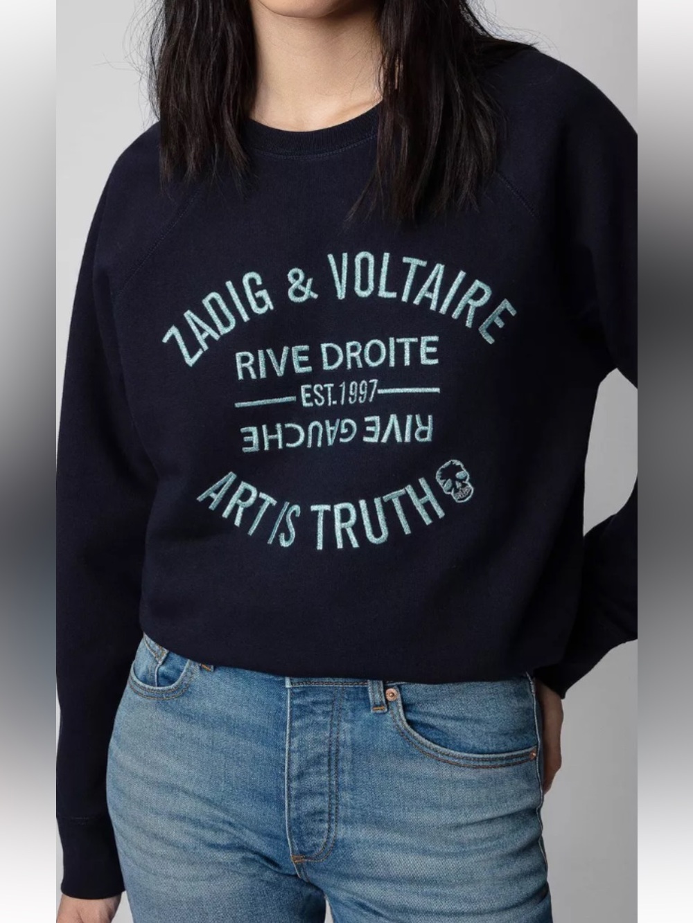 Zadig & Voltaire Navy Crewneck Sweatshirt with Light Blue Logo Sz XS